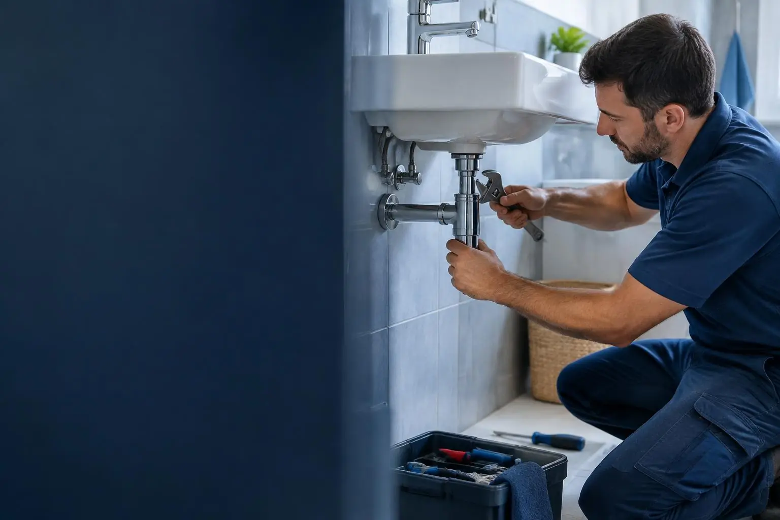 Fontanero reparando tuberías bajo un lavabo